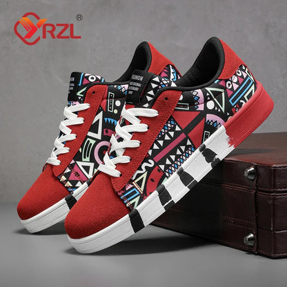 YRZL Men's Canvas Sneakers - Geometric Style Lace-Up Casual Shoes with Graffiti Design