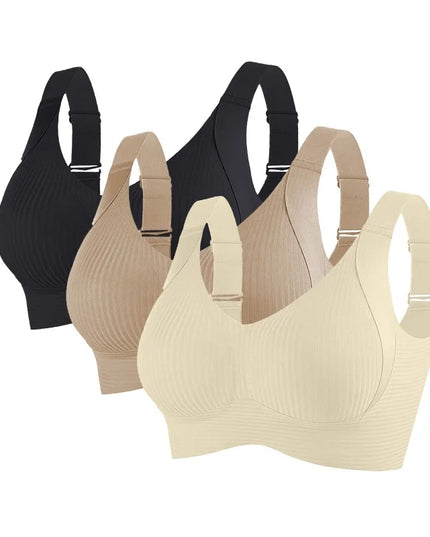 3-Piece Women's Non-Wire Push-Up Bra Set with Seamless Ribbed Design