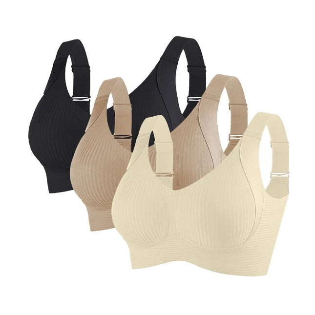 3-Piece Women's Non-Wire Push-Up Bra Set with Seamless Ribbed Design