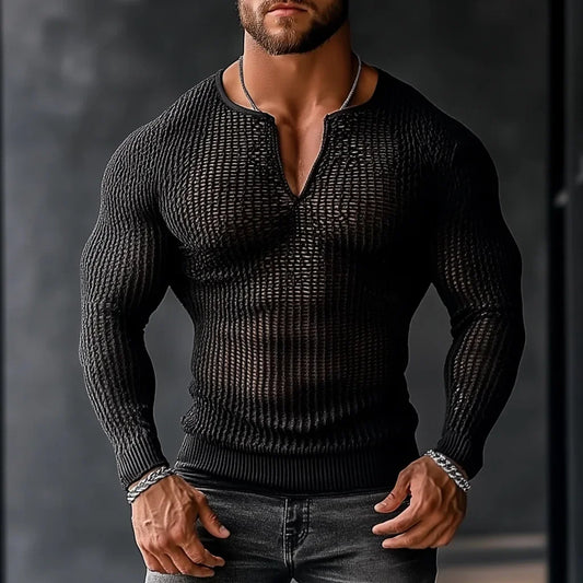 Men's Casual Transparent Mesh Long Sleeve Sweater – Breathable, Stylish, and Comfortable Knit Top