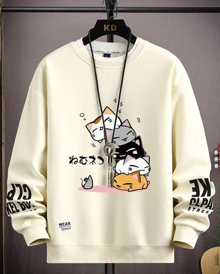 Men's Sweater with Japanese Cartoon Cat Print