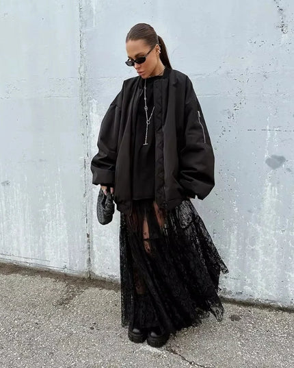 Chic Long Transparent Black Lace Skirt for Women