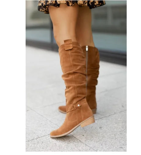 Women's Long Suede Boots with Low Heel and Side Zip - Stylish & Comfortable Footwear