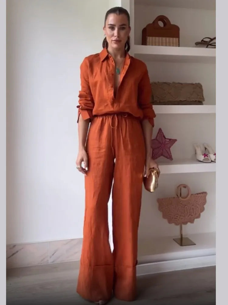Women's 2-Piece Cotton Linen Drawstring Pants and Lapel Long Sleeve Shirt Set