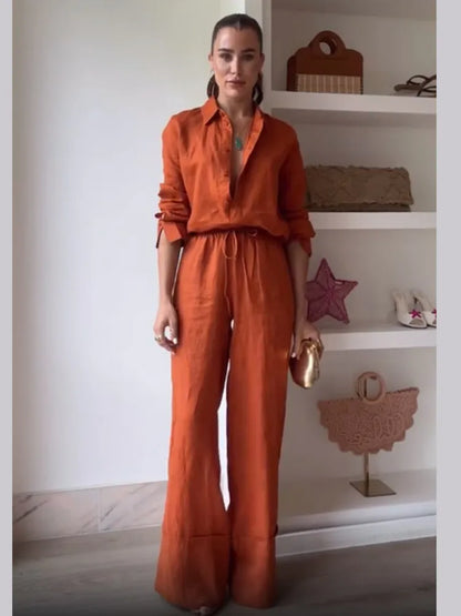 Women's 2-Piece Cotton Linen Drawstring Pants and Lapel Long Sleeve Shirt Set