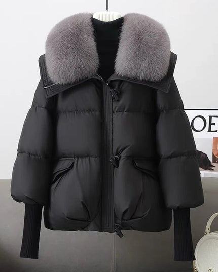 Women’s Short Padded Parka Jacket with Down Cotton, Fur Collar