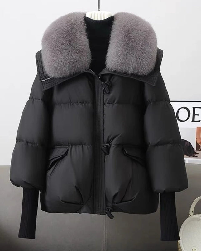 Women’s Short Padded Parka Jacket with Down Cotton, Fur Collar