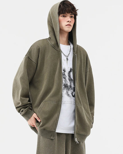 Men's Oversized Washed Faded Knit Zip-Up Cardigan