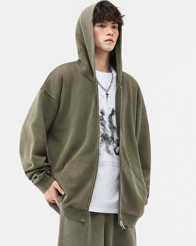 Men's Oversized Washed Faded Knit Zip-Up Cardigan