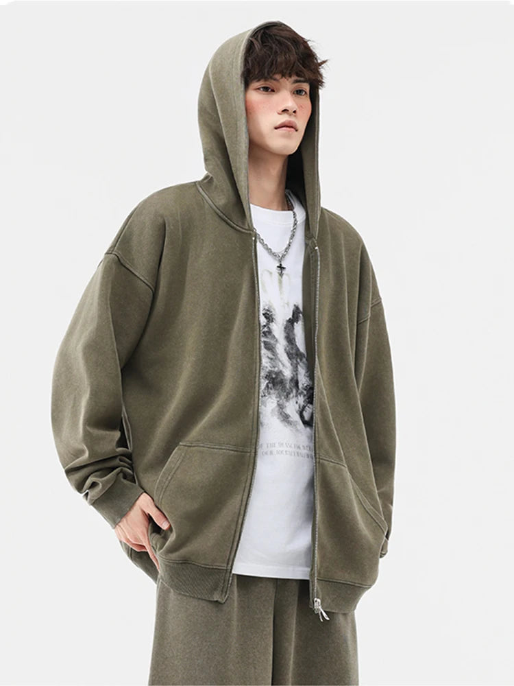 Men's Oversized Washed Faded Knit Zip-Up Cardigan