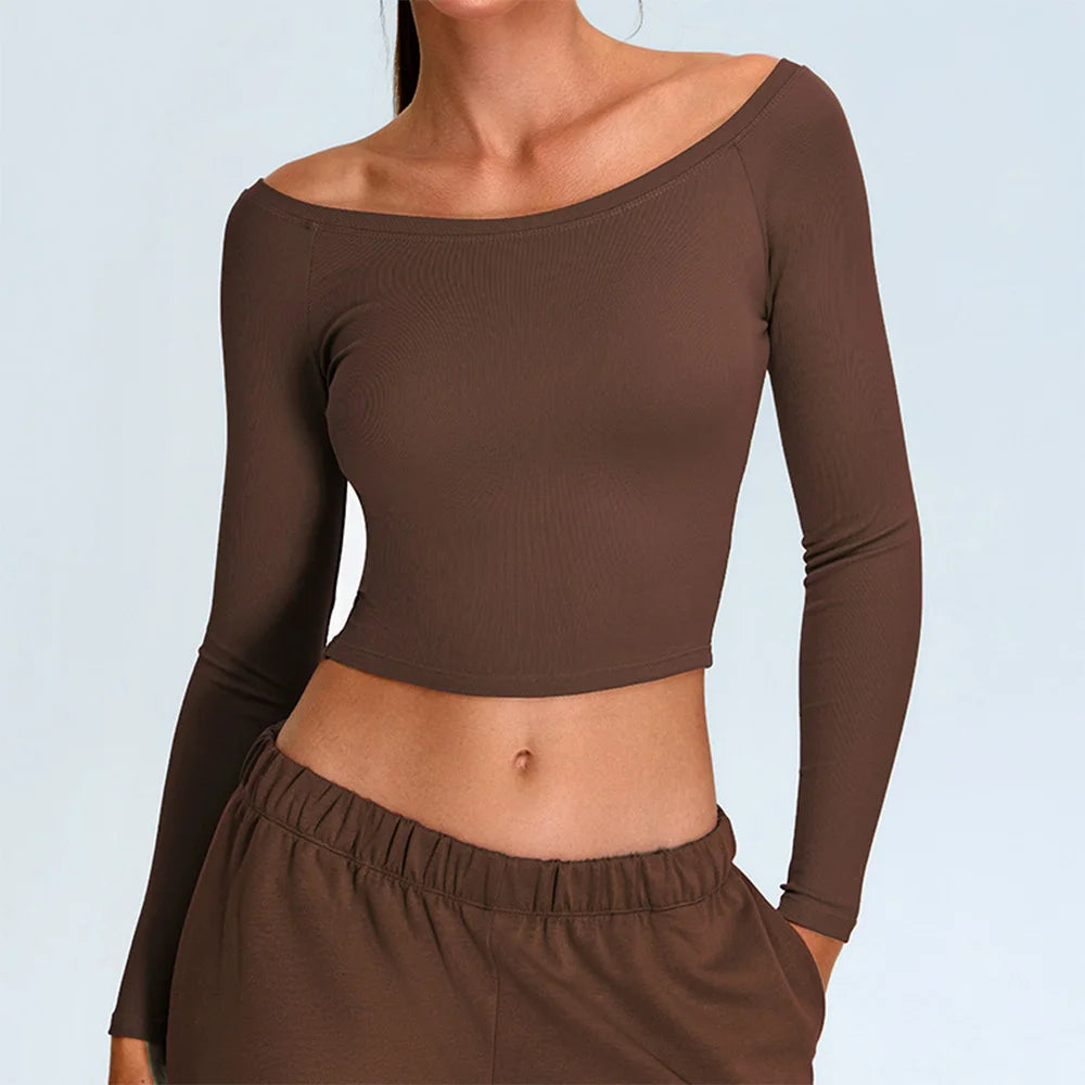 Women’s Off-Shoulder Long Sleeve Yoga Sweater - Quick-Dry, Cropped Fitness Top