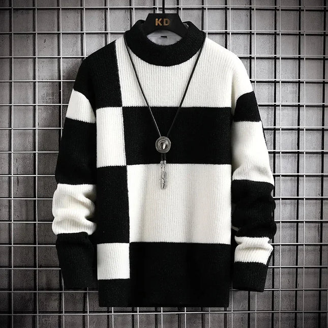 Men's Casual Patchwork Knitted Plaid Sweater with Round Neck - Stylish Block Design