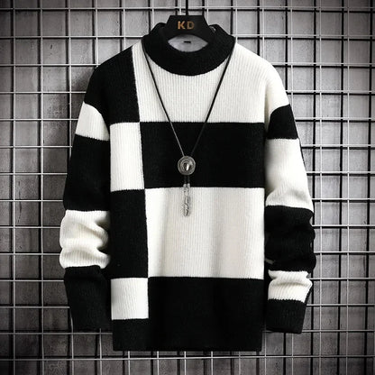 Men's Casual Patchwork Knitted Plaid Sweater with Round Neck - Stylish Block Design