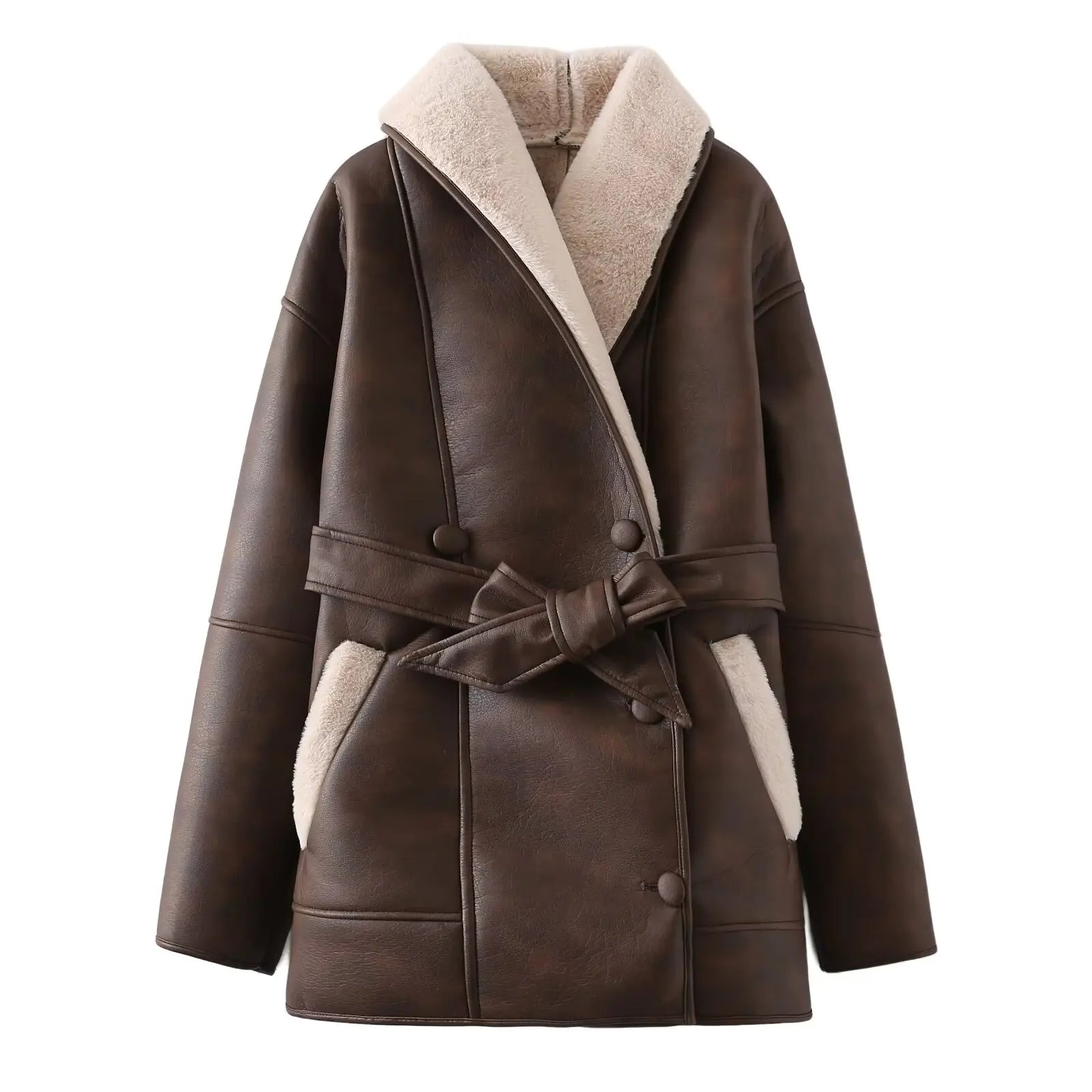 Women's Faux Leather Fleece Collar Jacket with Belt