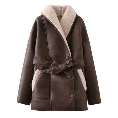 Women's Faux Leather Fleece Collar Jacket with Belt