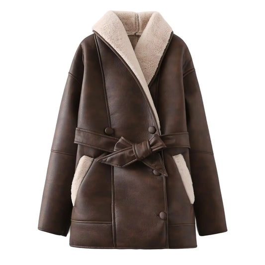 Women's Faux Leather Fleece Collar Jacket with Belt