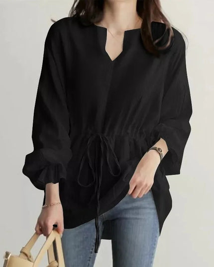 Women's Long Sleeve Blouse with U-Neck, Drawstring Waist