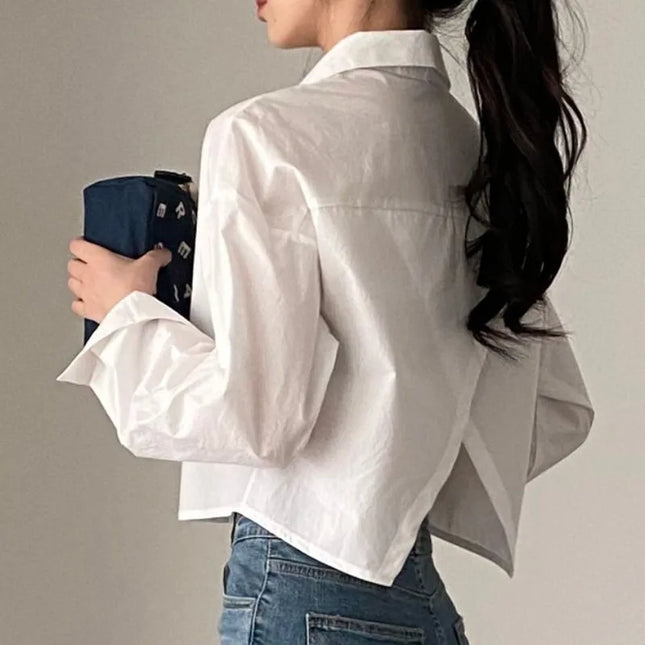 Casual Long Sleeve Women's Shirt - Korean Style Button-Up Blouse
