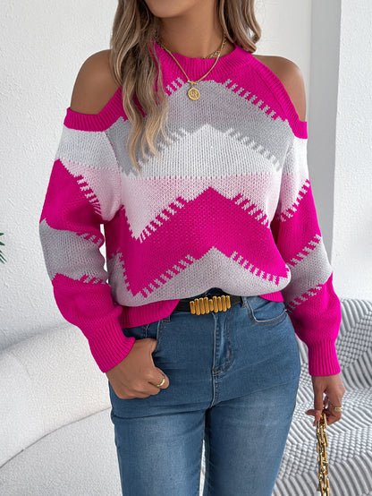 Women's Elegant Contrast Color Striped Long Sleeve Knit Sweater