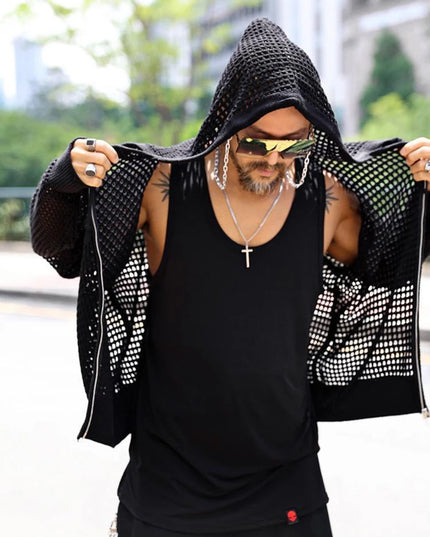 Men's Knitted Hooded Cardigan with Zipper, Hollow Out Design, Oversized Fit
