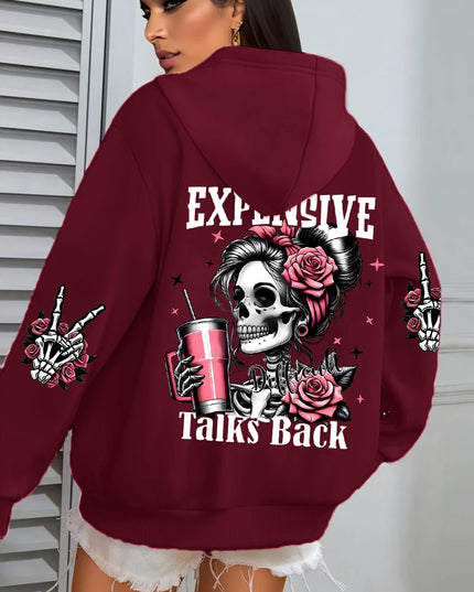 Women's "Expensive Talks Back" Printed Hoodie Sweater - Loose Fit