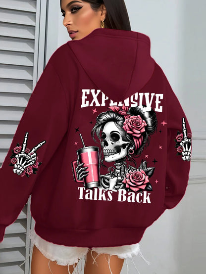 Women's "Expensive Talks Back" Printed Hoodie Sweater - Loose Fit