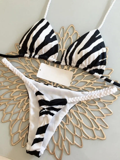 Women's Striped High-Waist Thong Bikini Set