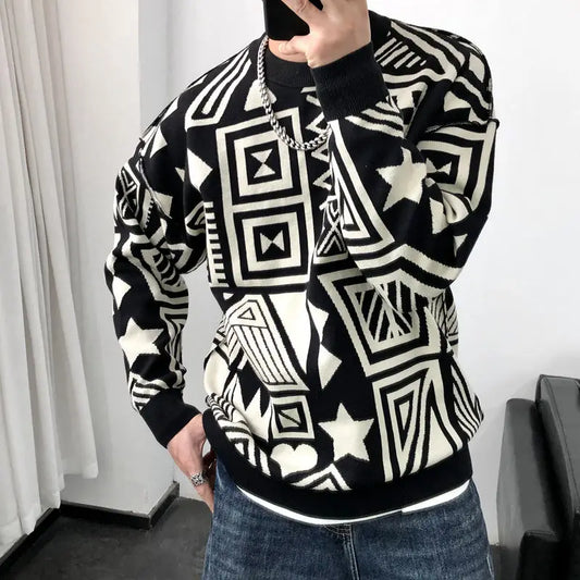 Men's Casual Printed Chao Pai All-Match O-Neck Sweater Tops