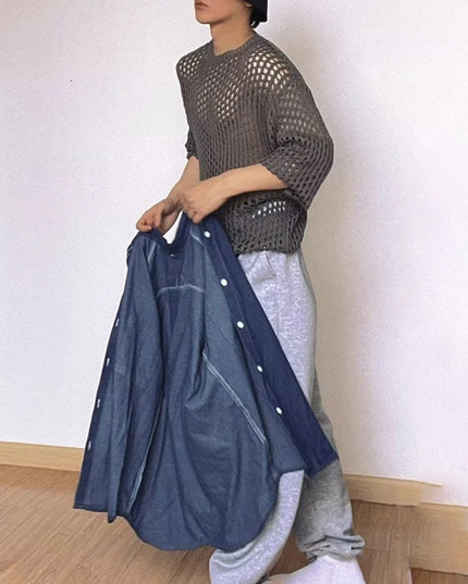 Men’s Loose-Fit Hollow-Knit Sweater with Round Neck