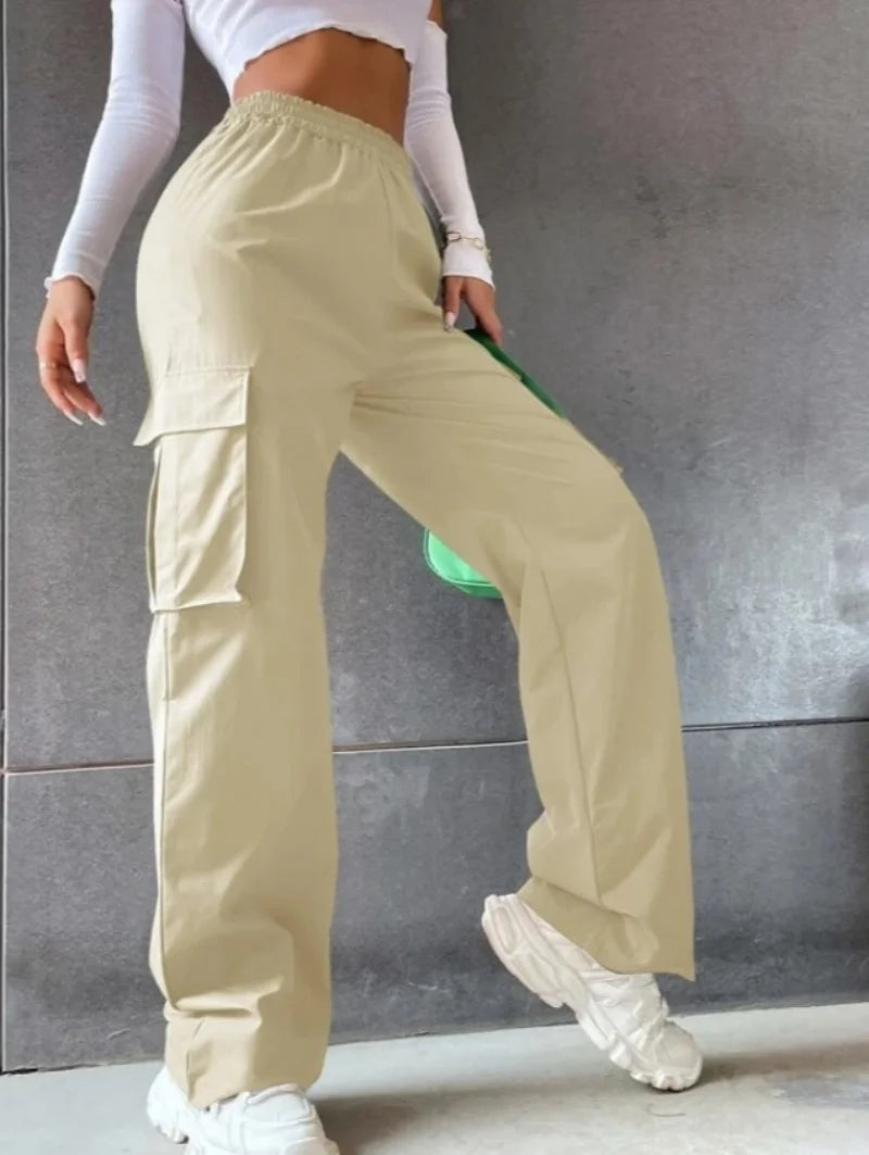 Women’s Baggy Cargo Pants - Casual Straight Fit, Elastic High Waist
