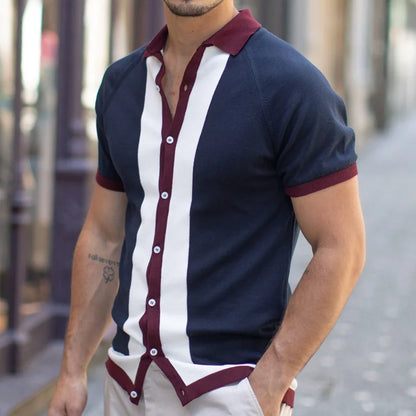 Men's Breathable Striped Knit Patchwork Polo Shirt - Short Sleeve Button-Up