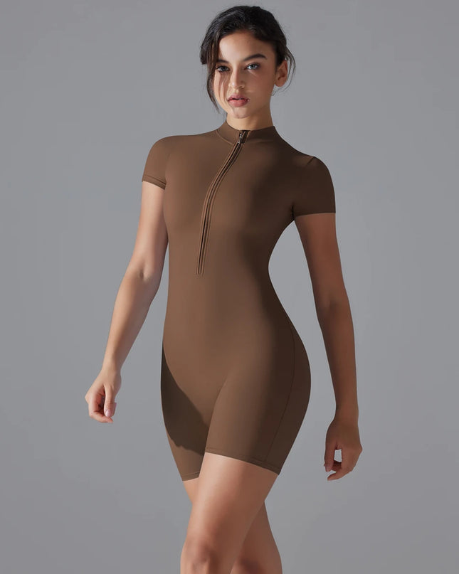 Women's Jumpsuit- One-Piece Zipper- Short Sleeve