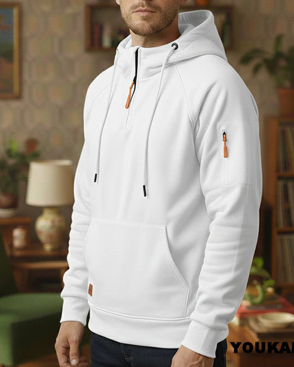 Men's Retro Hooded Sweatshirt with Long Sleeves, Zipper, Multiple Pockets
