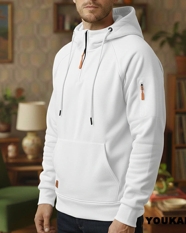 Men's Retro Hooded Sweatshirt with Long Sleeves, Zipper, Multiple Pockets