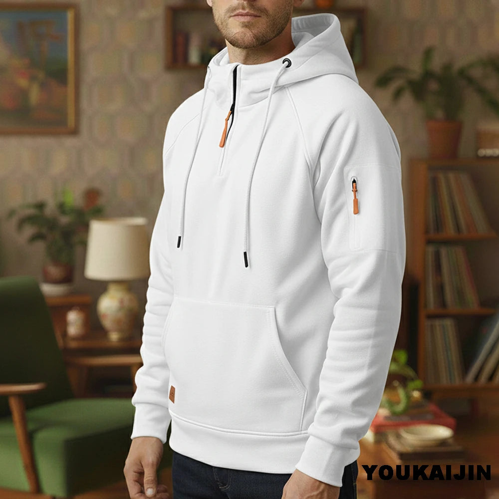 Men's Retro Hooded Sweatshirt with Long Sleeves, Zipper, Multiple Pockets