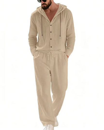 Men's 2-Piece Casual Outfit with Hooded Button-Down Shirt and Long Pants Set