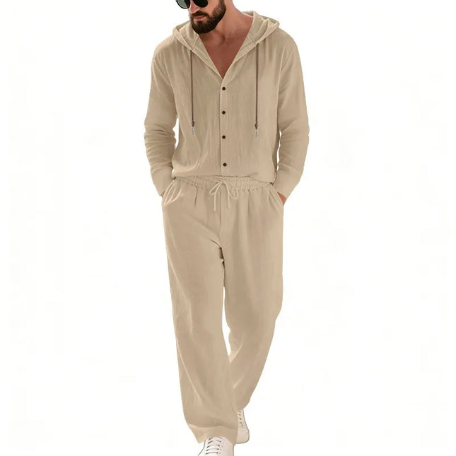 Men's 2-Piece Casual Outfit with Hooded Button-Down Shirt and Long Pants Set