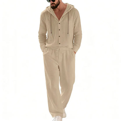 Men's 2-Piece Casual Outfit with Hooded Button-Down Shirt and Long Pants Set