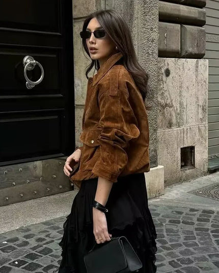 Stylish Women's Faux Suede Bomber Jackets with Zipper