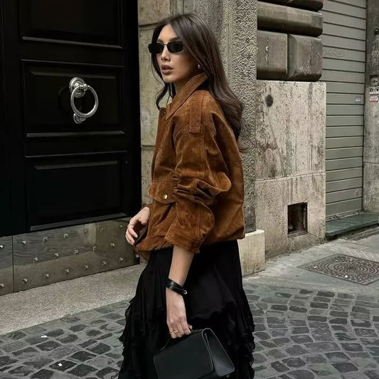 Stylish Women's Faux Suede Bomber Jackets with Zipper
