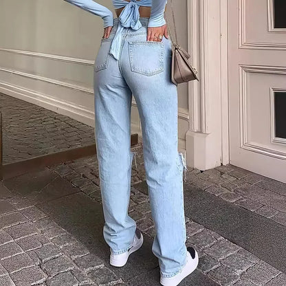 Women's Ripped Knee-Piercing Loose Fit Casual Jeans