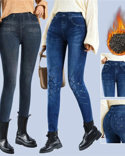 Faux Denim Fleece High-Waisted Pencil Pants for Women