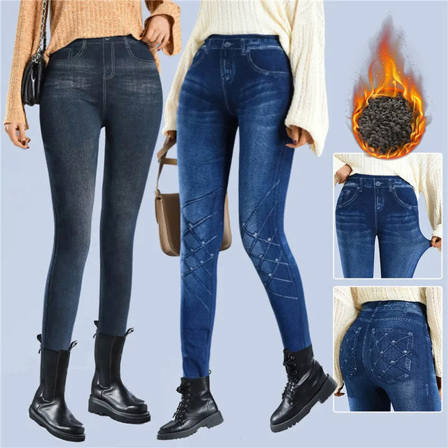 Faux Denim Fleece High-Waisted Pencil Pants for Women