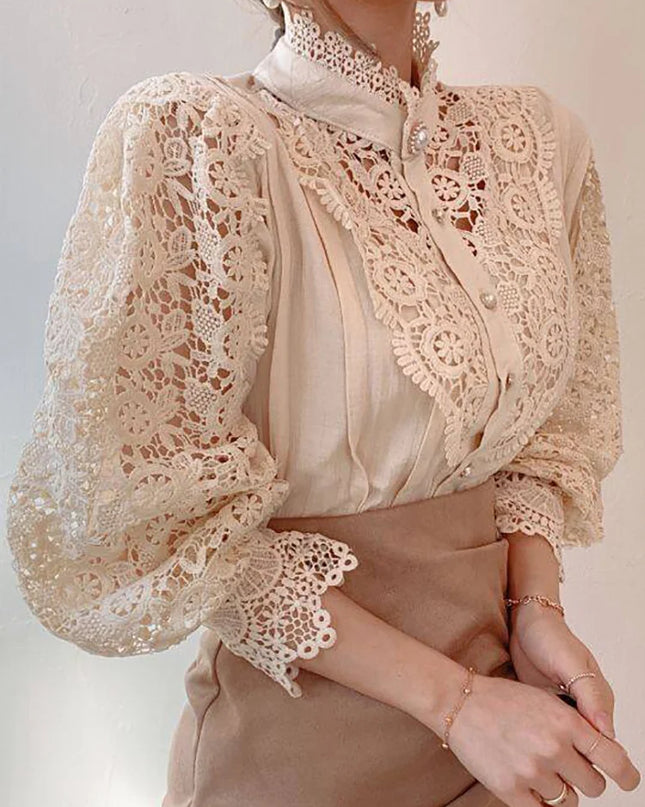Elegant Women's Chiffon Turtleneck Blouse with Floral Lace Details