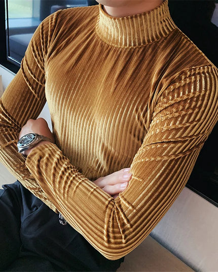 Men's Slim Fit Long Sleeve Stripe Sweater with Half Turtleneck
