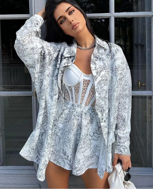 Clacive Women's Elegant 2-Piece Set: Loose Long Sleeve Shirt with High-Waist Shorts