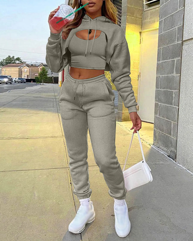 Women's Three-Piece Sweatshirt, Crop Top, and Drawstring Pants Set