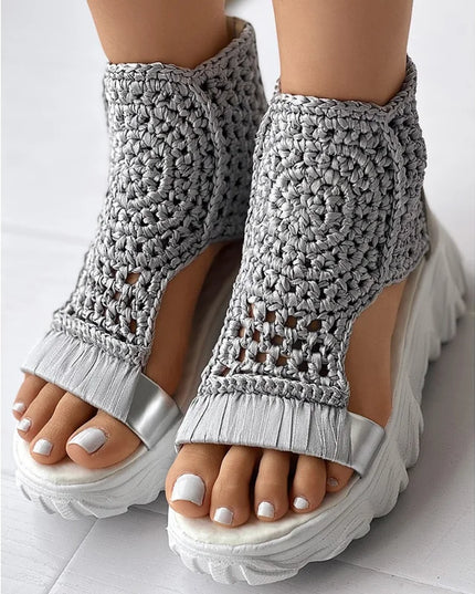 Knitted Women's Sandals with Braided Elastic and Mesh, Flat Bottom Design