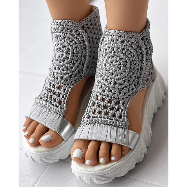 Knitted Women's Sandals with Braided Elastic and Mesh, Flat Bottom Design
