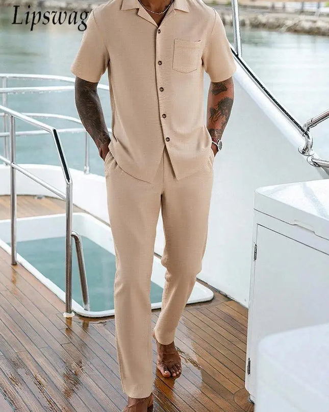 Vintage Men's Two-Piece Casual Short Sleeve Shirt and Pants Set